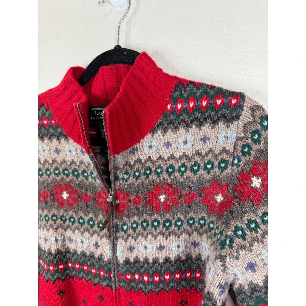 Lauren Ralph Lauren‎ Hand Knit Lambswool Fair Isle Full Zip Sweater Red Small
